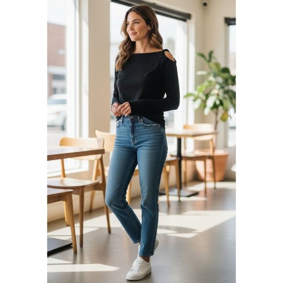 Bebe Sexy Black Stretch Knit Top One Cold Shoulder Long Sleeves Size S Evening - Picture 1 of 7